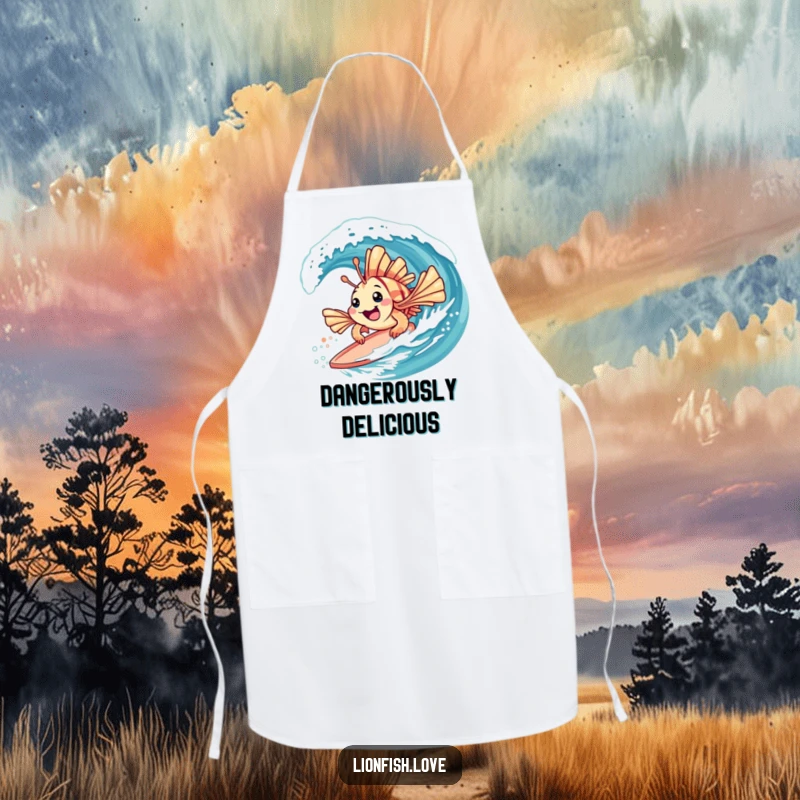 Funny apron showcasing a playful lionfish with spiky fins surfing on a gentle wave, for the beach-themed kitchen.