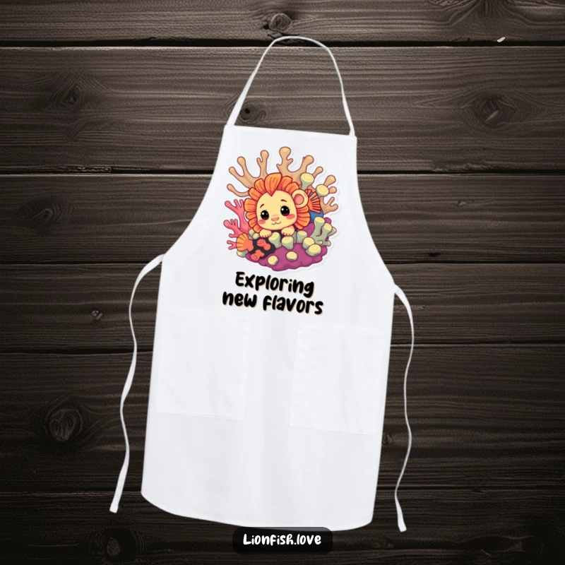 Funny Apron with a curious lionfish peeking from vibrant coral, perfect for kitchen adventures with playful intrigue and humor.