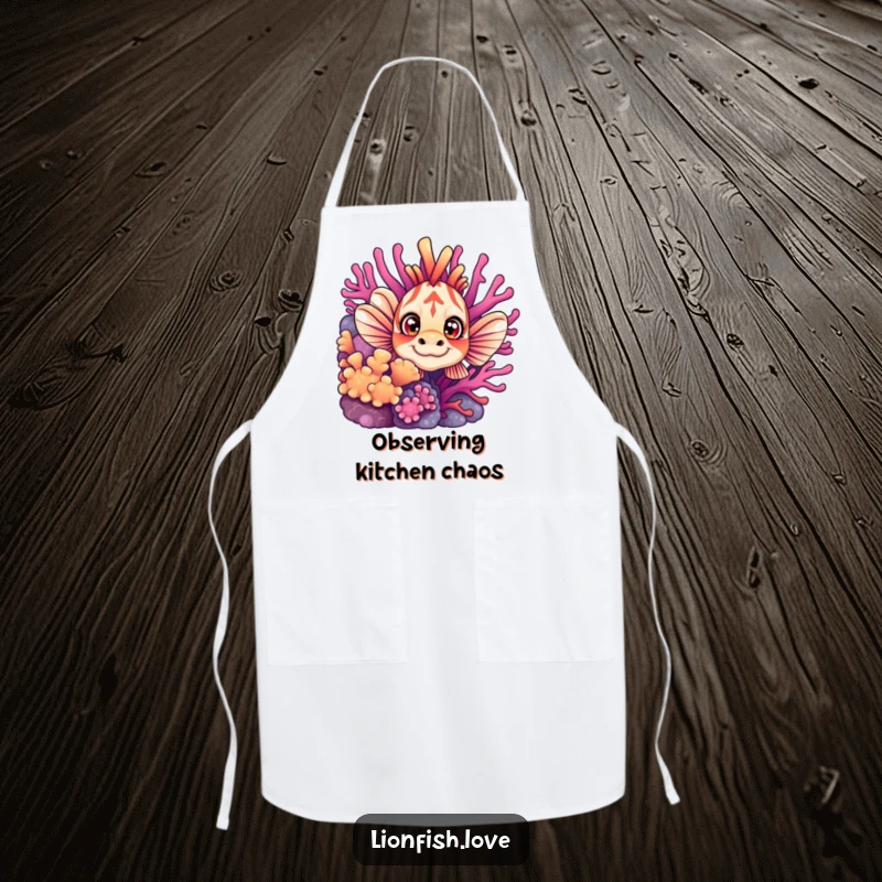 Funny apron featuring a curious lionfish peeking from coral, perfect for adding a splash of underwater fun to kitchen activities.