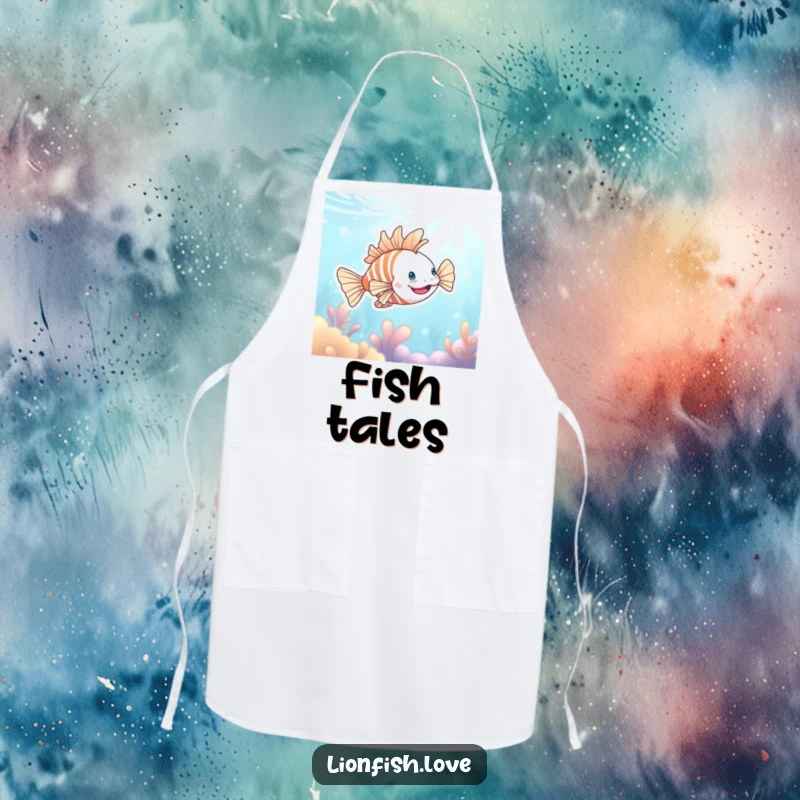 Funny apron featuring a happy lionfish swimming joyfully in a blue ocean, perfect for chefs who love a touch of humor.