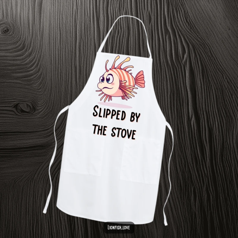 Funny apron featuring a clumsy lionfish tripping over its fins with a surprised expression, adding underwater amusement to cooking.