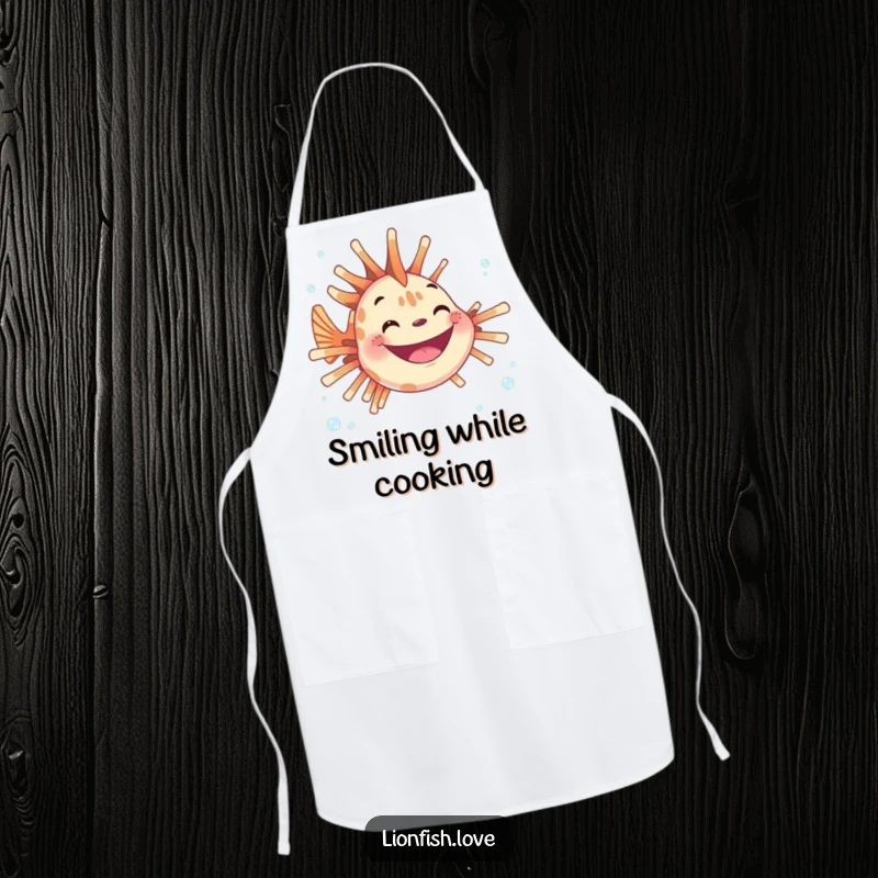Funny apron featuring a joyful lionfish with a wide grin amidst floating bubbles, adding underwater amusement to cooking.