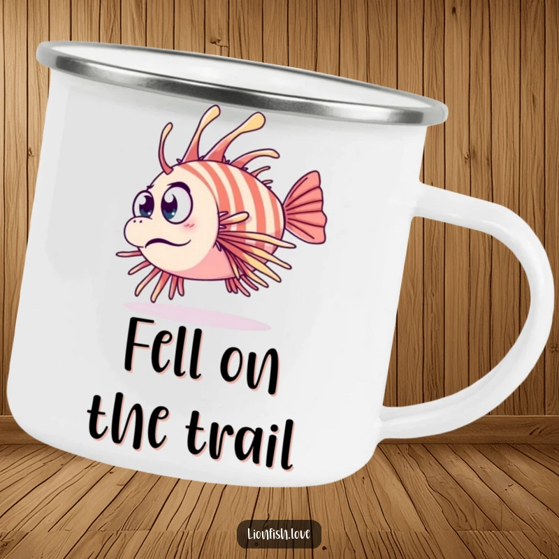 Funny camping mug with a clumsy lionfish tripping and looking surprised, ready for outdoor fun and embracing imperfections.