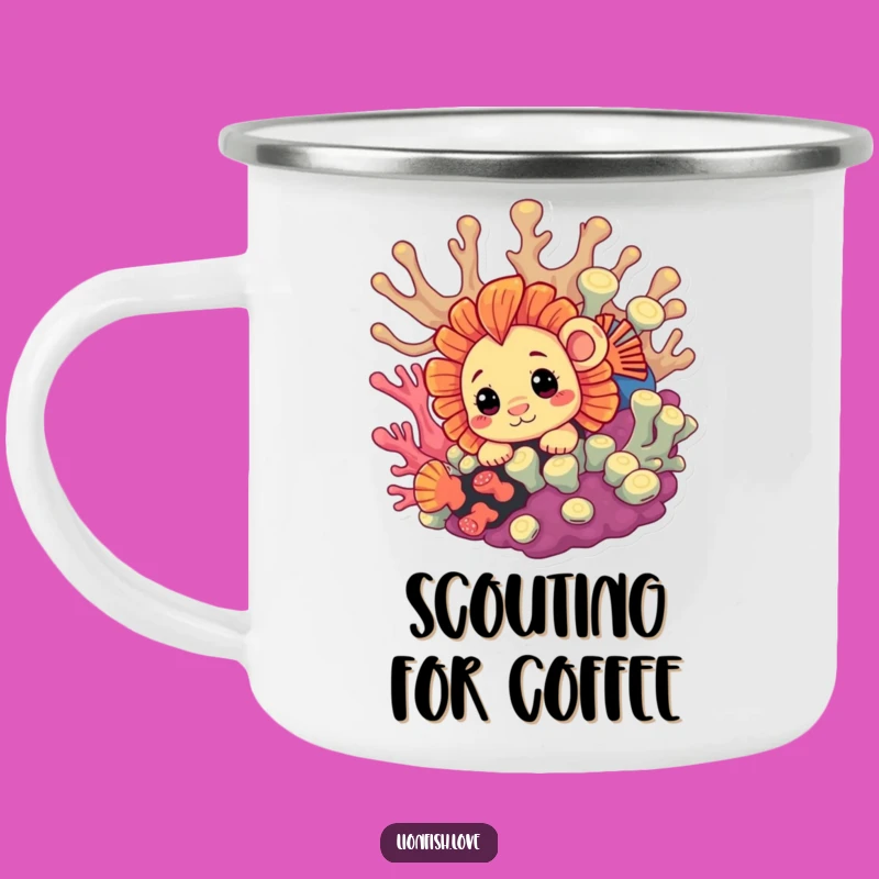 Funny Curious Lionfish Camping Mug: Explore Your Brew, Perfect Funny Gift