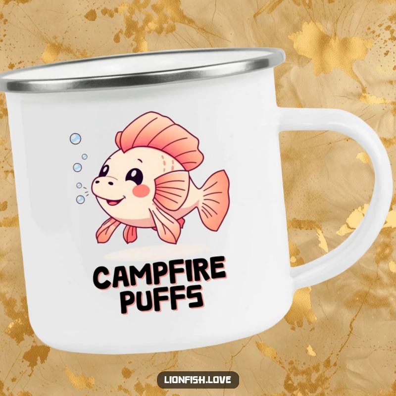 Funny camping mug featuring a lionfish blowing bubbles, perfect for outdoor enthusiasts who appreciate a touch of playful humor.