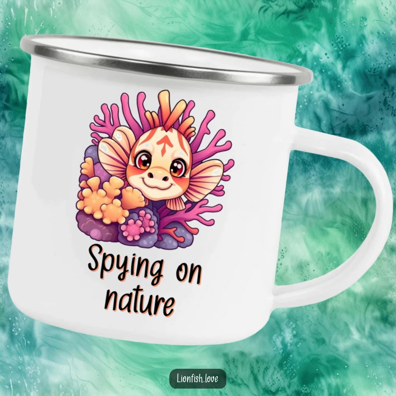 Funny camping mug with a curious lionfish peeking from coral, its wide eyes ready for any underwater or outdoor escapade.
