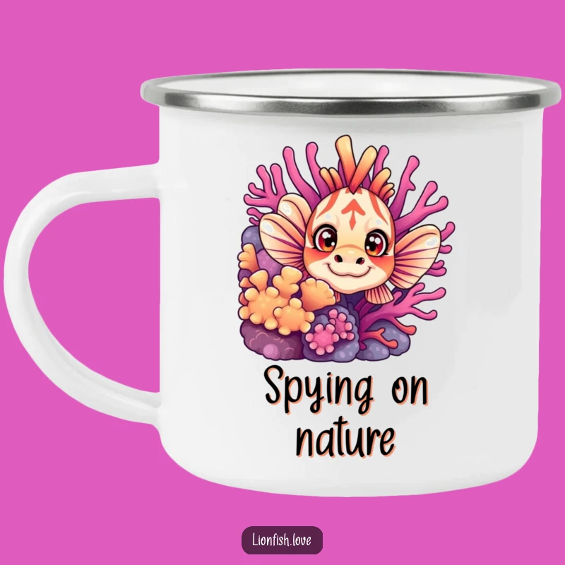 Funny Curious Lionfish Camping Mug: Adventure-Ready Wide-Eyed Companion