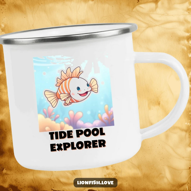 Funny camping mug featuring a happy lionfish swimming in blue water, perfect for outdoor enthusiasts enjoying a humorous beverage.