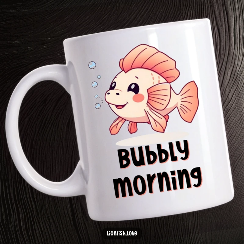 Funny mug featuring a playful lionfish character emitting a stream of small, sparkling bubbles in a vibrant underwater setting.