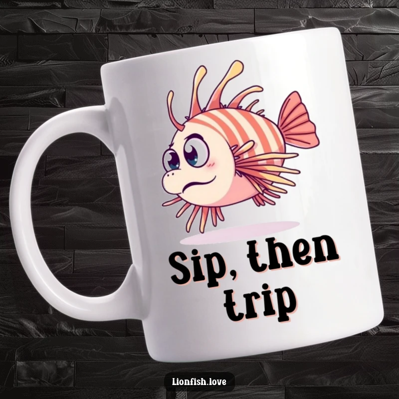 Funny mug showing a clumsy lionfish tripping over its fins with a hilariously surprised expression, capturing a moment of aquatic awkwardness.