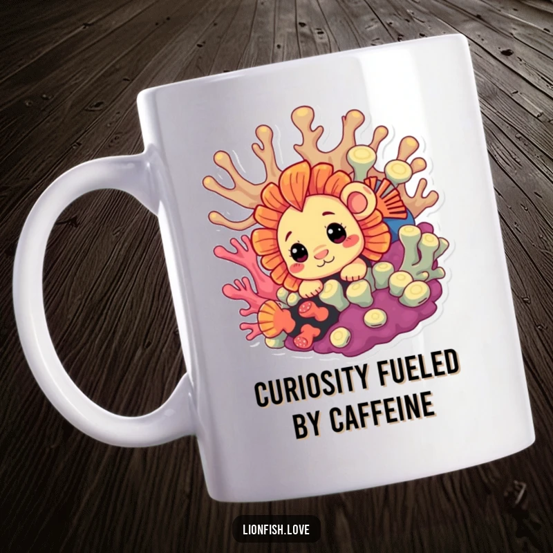 Funny Mug featuring a curious lionfish peeking around a vibrant coral formation, evoking playful intrigue and humor.