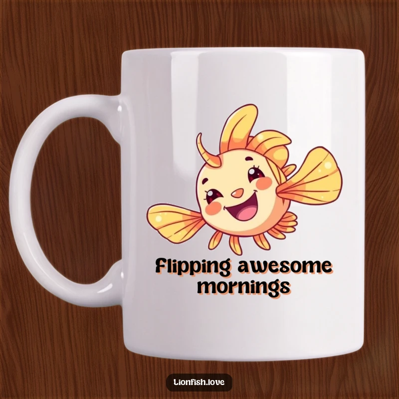 Funny Mug featuring a cheerful lionfish character performing a playful flip with its flowing fins, bringing ocean humor.