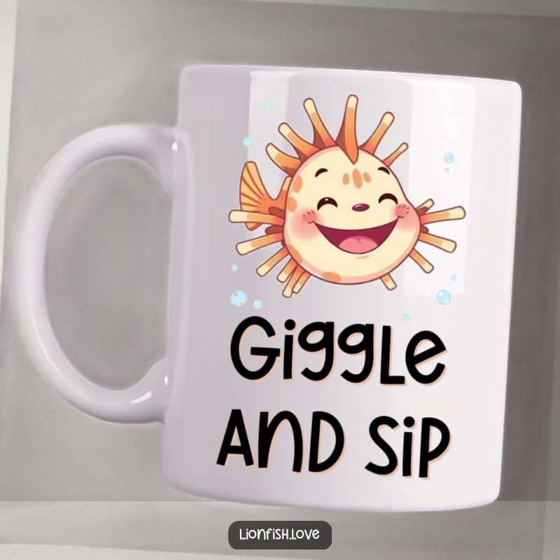 Funny mug showcasing a joyful lionfish with a wide grin, surrounded by tiny floating bubbles, exuding pure underwater happiness.