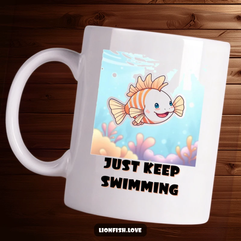 Funny mug featuring a joyful lionfish swimming happily in sparkling blue ocean water, radiating pure bliss and underwater cheer.