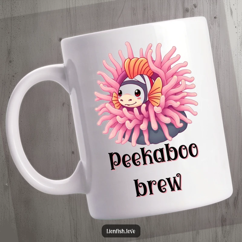 Funny mug featuring a timid lionfish peeking cautiously from behind a vibrant, large sea anemone, conveying bashful charm.