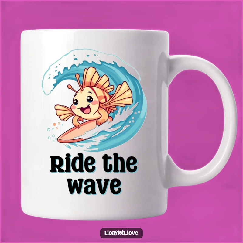 Funny Surfing Lionfish Mug: Spiky Fins Ocean Wave Gift