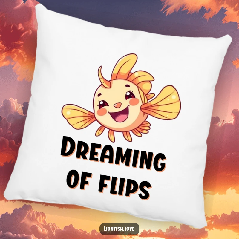 Funny Pillow featuring a cheerful lionfish doing a playful flip, bringing underwater charm and cozy humor.