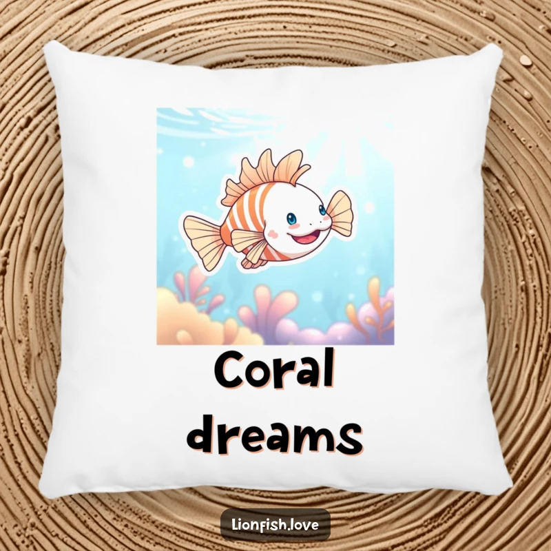 Funny pillow showcasing a content and happy lionfish swimming gracefully in a vibrant blue ocean setting, offering plush comfort.