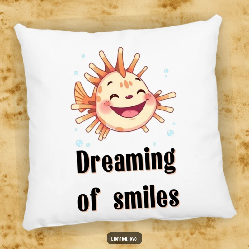 Funny pillow design of a joyful lionfish with a wide grin surrounded by bubbles, bringing underwater cheer to any cozy space.