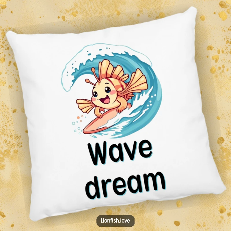 Funny throw pillow with a playful lionfish with spiky fins surfing on a gentle wave, perfect for relaxation.