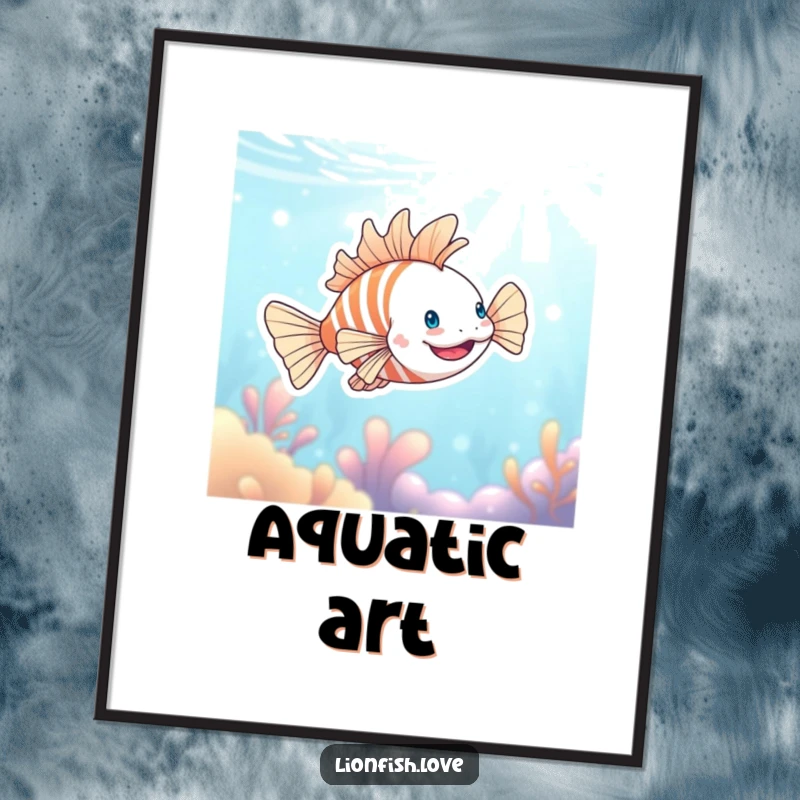 Funny digital art print of a very happy lionfish swimming joyfully in a dynamic blue ocean, capturing underwater mirth instantly.