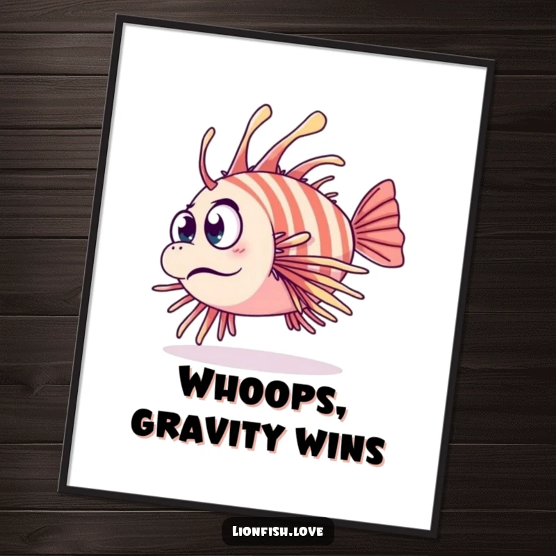 Funny digital art print of a clumsy lionfish tripping over its fins with a surprised expression, perfect for adding humor.