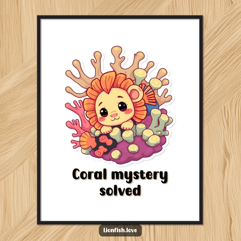 Funny Digital Art Print of a curious lionfish peeking from vibrant coral, perfect for instant playful decor with humor.
