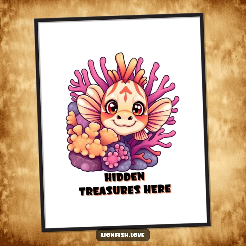 Funny digital art print of a curious lionfish with wide eyes peeking from behind coral, perfect for adding oceanic charm.