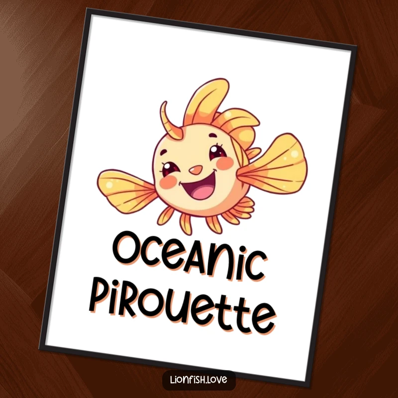 Funny Digital Art Print of a cheerful lionfish mid-flip, perfect for instant ocean-themed decor with playful humor.