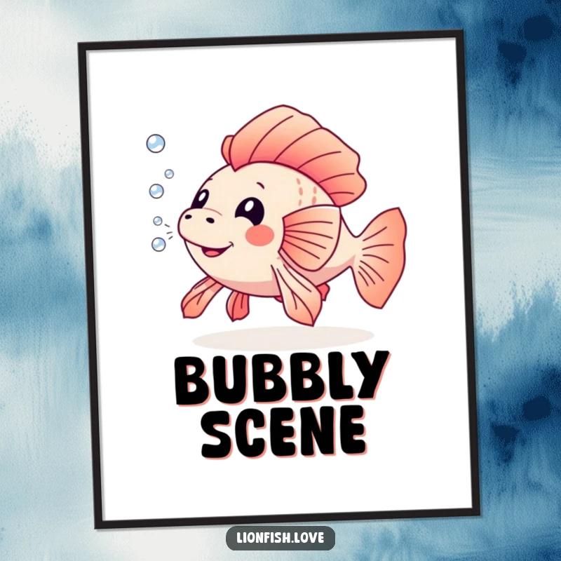 Funny digital art print of a lionfish blowing a trail of small bubbles, capturing a moment of pure, playful underwater joy.