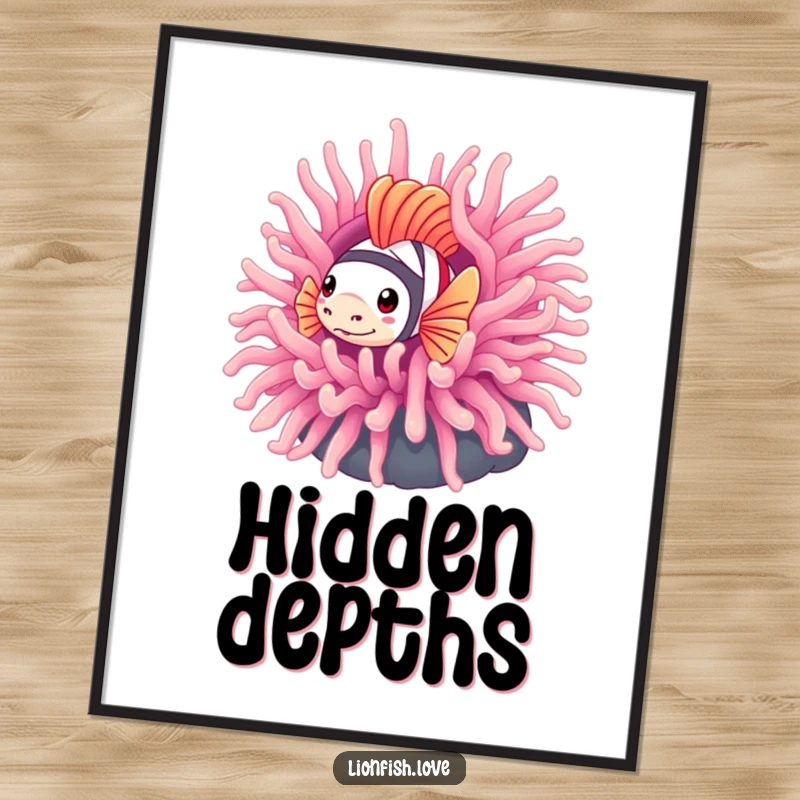 Funny digital art print of a shy lionfish peeking from behind a colorful sea anemone, capturing a moment of endearing bashfulness.