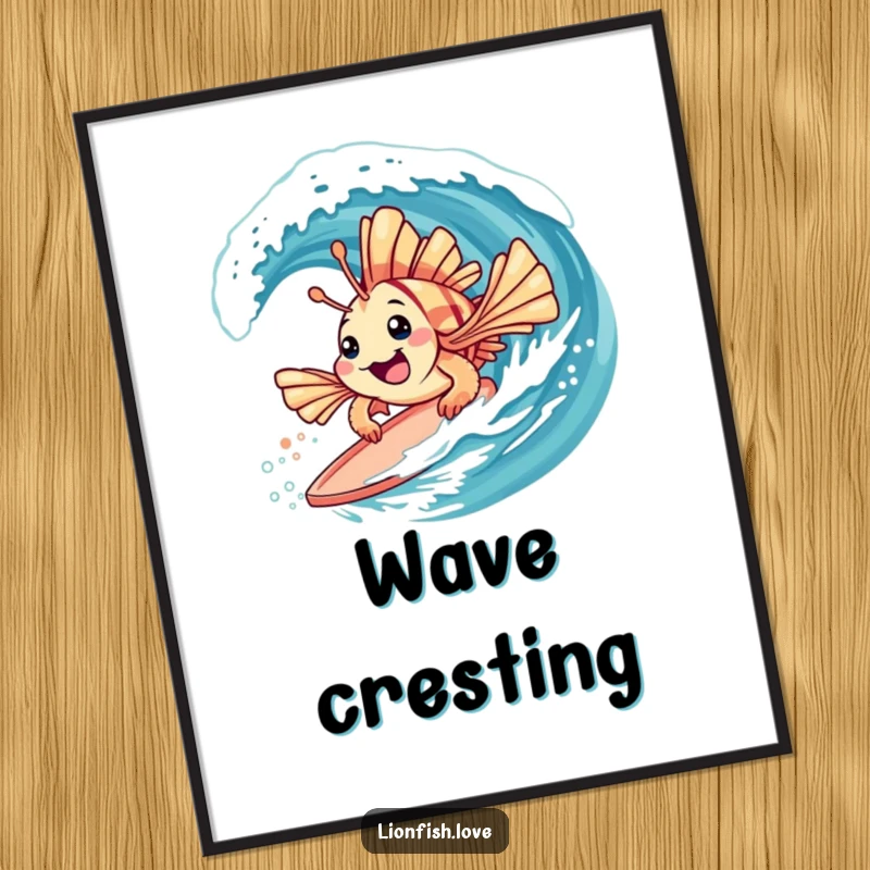 Funny digital art print of a playful lionfish with spiky fins surfing on a gentle wave, for instant decor.