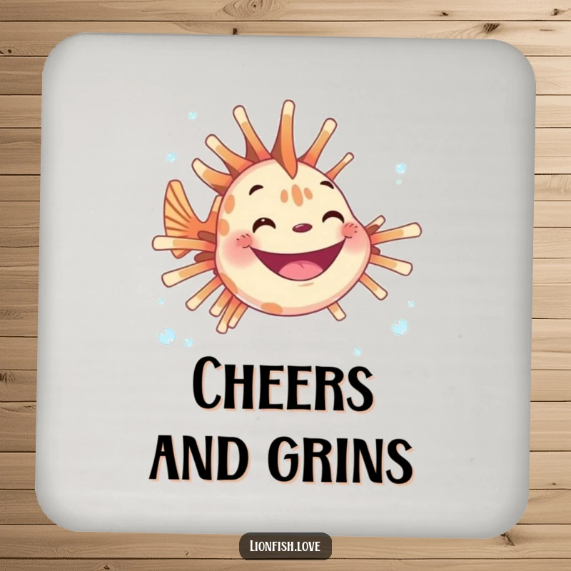 Funny drink coaster with a joyful lionfish sporting a wide grin and surrounded by bubbles, adding aquatic cheer to any table.