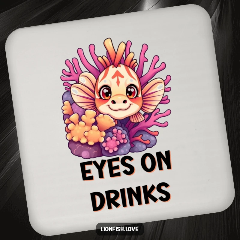 Funny drink coaster with a curious lionfish peeking from coral, its wide eyes adding a touch of playful wonder to your surface.