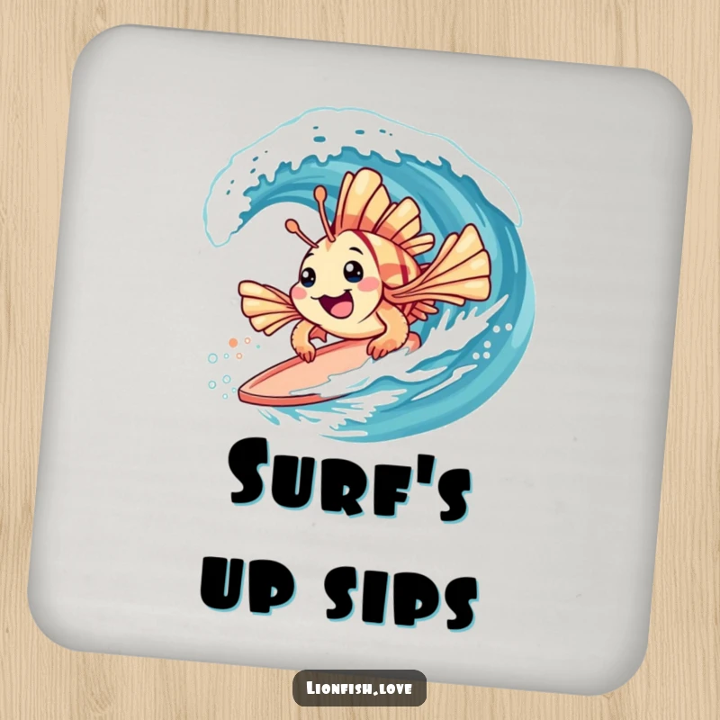 Funny drink coasters depicting a playful lionfish with spiky fins surfing on a gentle wave, protecting surfaces.