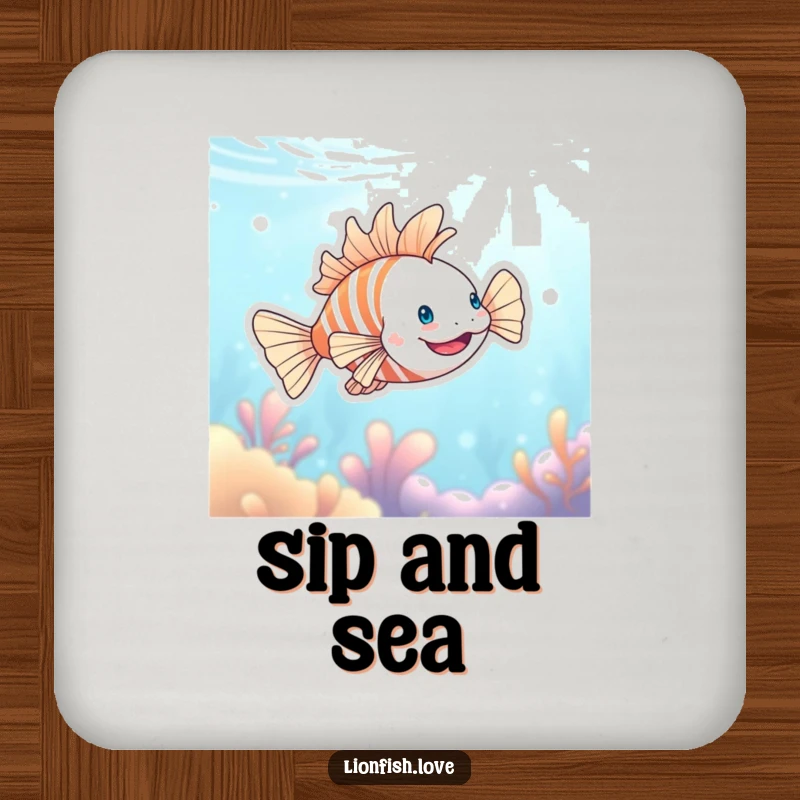 Funny drink coasters showcasing a happy lionfish swimming in blue ocean waters, adding a touch of humor to any tabletop.