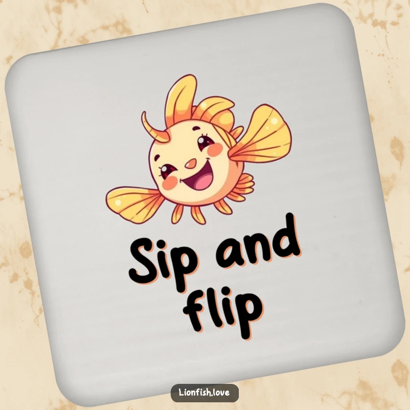 Funny Coaster set featuring a cheerful lionfish mid-flip, offering protection with aquatic charm and a humorous touch.