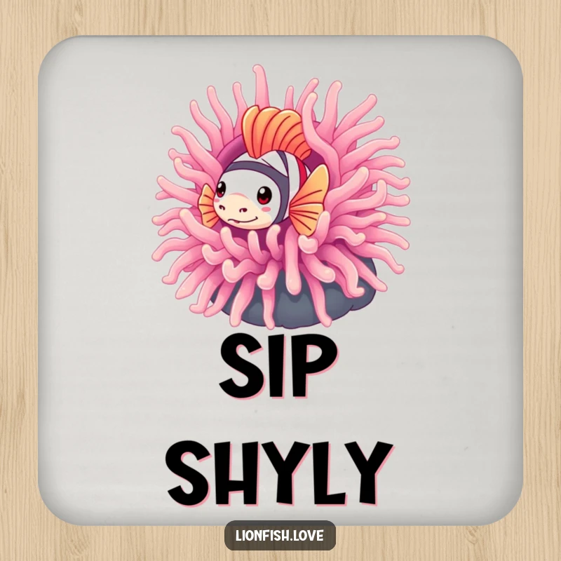 Funny drink coasters featuring a shy lionfish peeking from behind an anemone, offering protection with a touch of playful modesty.