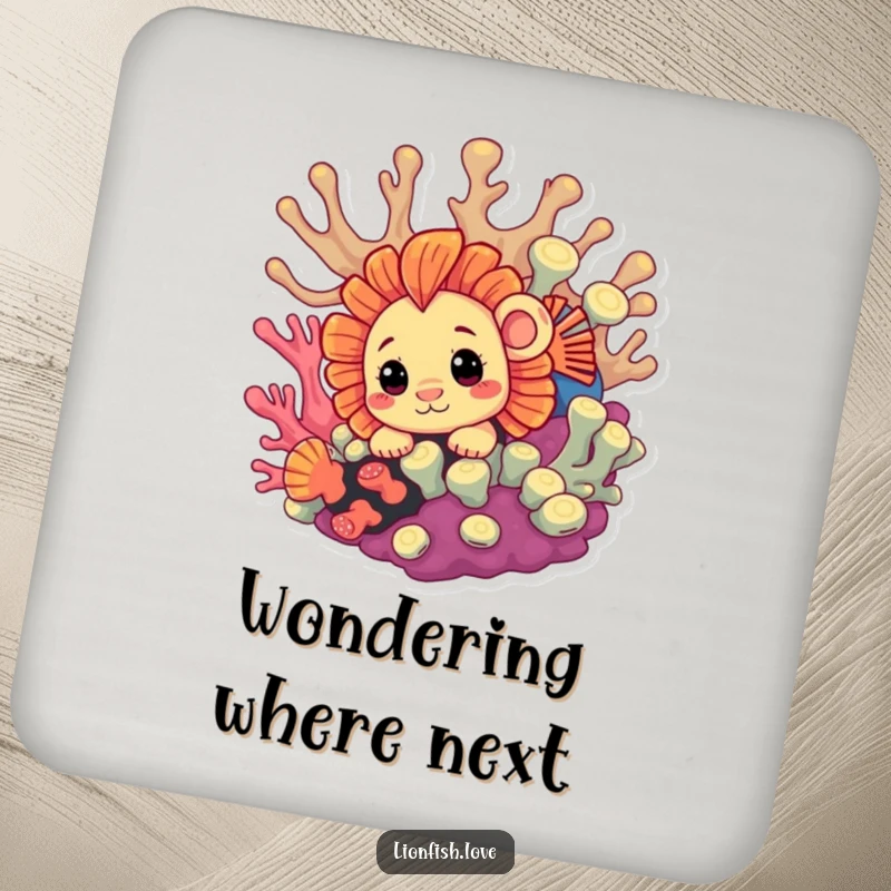 Funny Coaster set featuring a curious lionfish peeking from coral, offering protection with playful intrigue and a humorous touch.