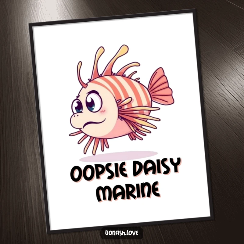 Funny poster art of a clumsy lionfish tripping over its own fins with a comically surprised expression, ideal for a chuckle.