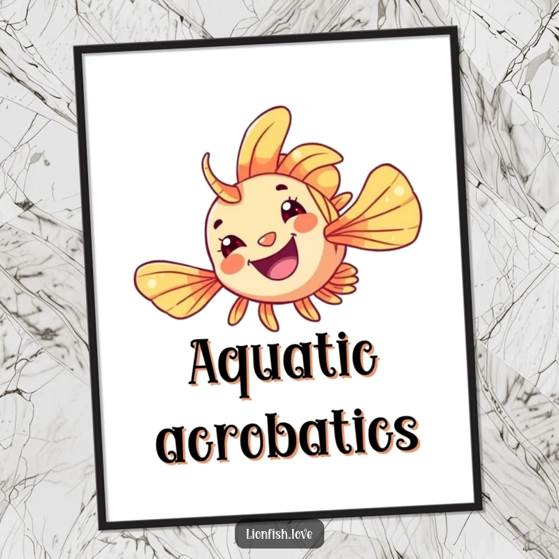 Funny Poster of a cheerful lionfish doing a playful flip with flowing fins, capturing dynamic ocean movement and humor.