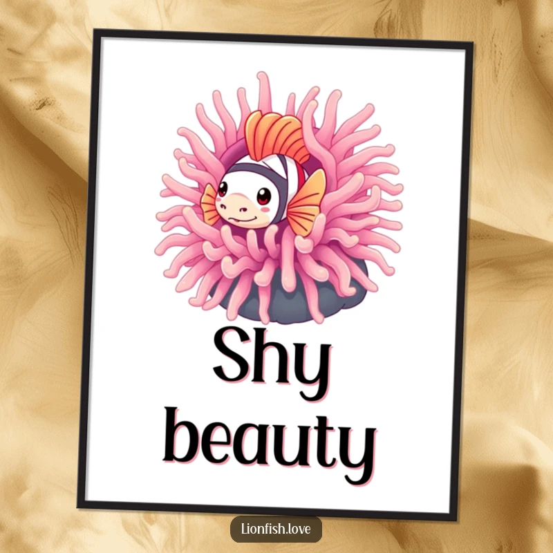 Funny poster capturing a shy lionfish peeking from behind a large, colorful sea anemone, creating a scene of gentle curiosity.