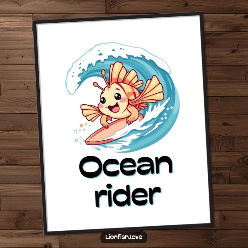 Funny poster showing a playful lionfish with spiky fins happily surfing on a gentle wave, for coastal decor.