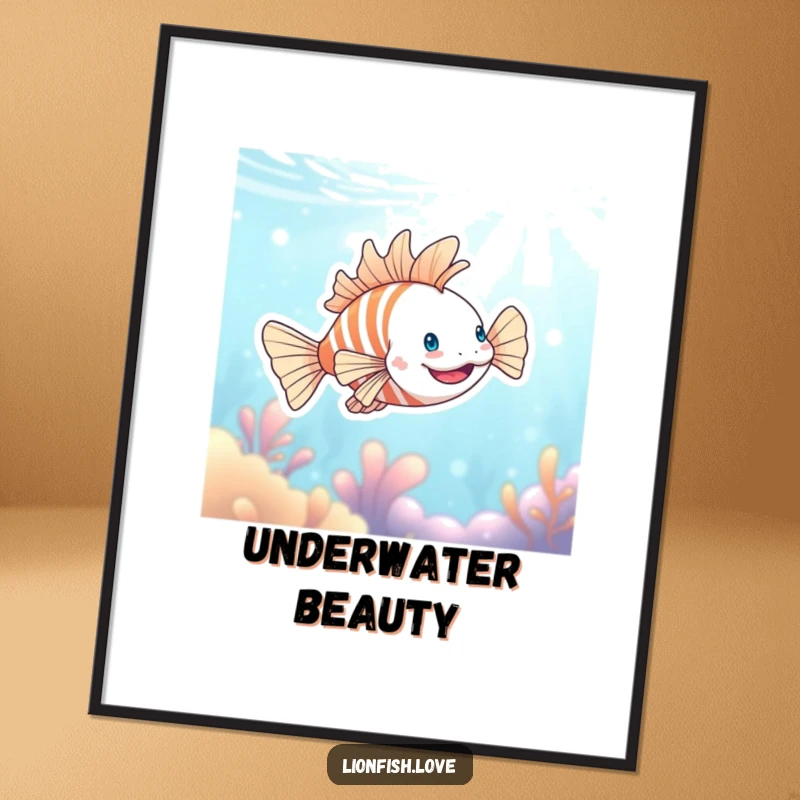 Funny poster of a cheerful lionfish swimming with unbridled happiness in a dazzling blue underwater scene, radiating positive vibes.