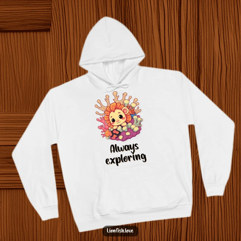 Funny Hoodie featuring a curious lionfish peeking playfully from coral, offering cozy warmth and underwater humor.
