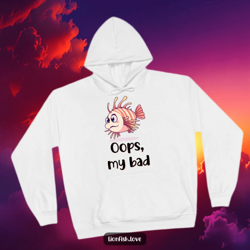 Funny hoodie showcasing a clumsy lionfish tripping over its fins with a surprised expression designed for comfort and a good chuckle.