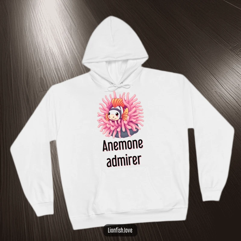 Funny hoodie featuring a shy lionfish partially hidden behind a vivid sea anemone, offering a sense of playful concealment.