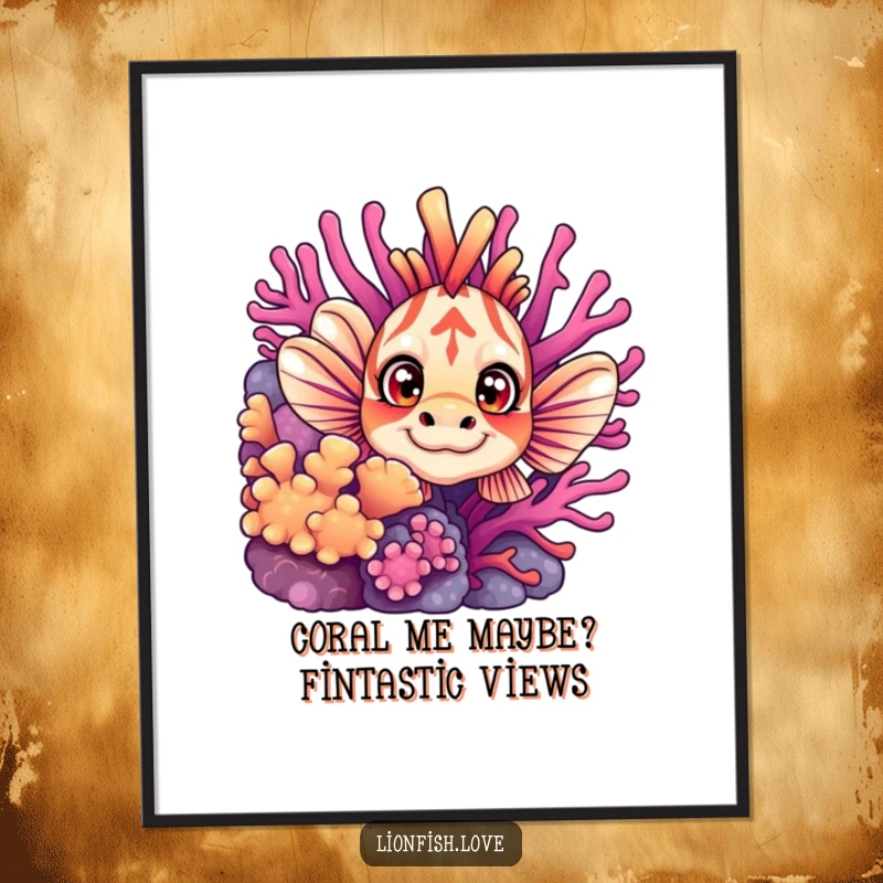 Funny Free Printable Wall Art showcasing a curious lionfish peeking from vibrant coral, with wide eyes exploring the underwater world.