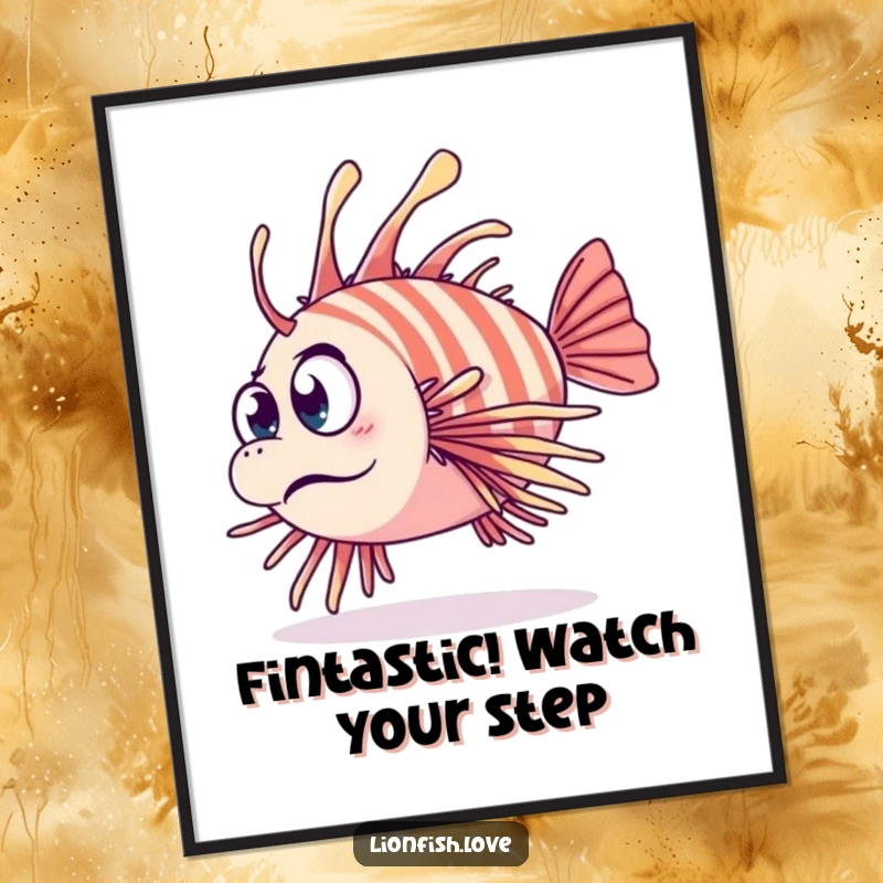 Funny Free Printable Wall Art depicting a clumsy lionfish tripping over its fins with a comically surprised expression underwater.