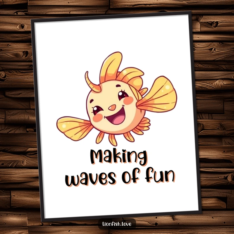 Funny Free Printable Wall Art: A cheerful lionfish with flowing fins caught mid-flip, bringing dynamic aquatic energy.